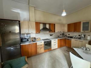 La cuisine est équipée d'armoires en bois et d'un réfrigérateur en acier inoxydable. dans l'établissement Silver Villa, à Gjirokastër