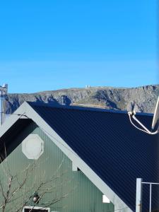 a roof of a green building with a mountain in the background at Casa dos Pinheiros - Serra da Estrela in Penhas da Saúde