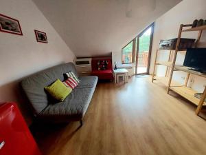 a living room with a couch and a television at Art Studio Borovets Semiramida in Borovets