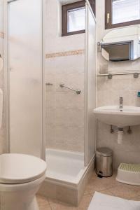 een badkamer met een douche, een toilet en een wastafel bij Castle Residence Balaton in Balatonföldvár