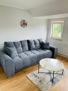 a living room with a blue couch and a table at #wärmespenden - Naturnahe Unterkunft in der Burgenstadt Schlitz in Schlitz