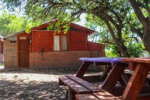 - une table de pique-nique devant une cabane en bois dans l'établissement El Colibrí - Quebrada de la Luna., à Charbonier