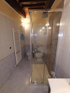 uma casa de banho com um chuveiro, um WC e um lavatório. em Casa degli Angeli em Torrita di Siena