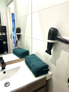 ein Bad mit einem Waschbecken und einem Spiegel in der Unterkunft *Chez Anissou 2* in Colomiers