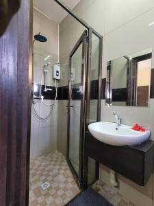 La salle de bains est pourvue d'un lavabo et d'une douche. dans l'établissement Singhs elite apartment, à Nadi