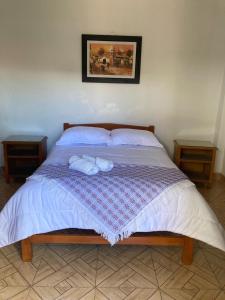 a bedroom with a bed with two pillows on it at El Oasis de Dorita in Caraz