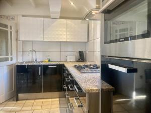 uma cozinha com um lavatório e um fogão forno superior em 8-person house with fitted kitchen, sauna, and beautiful garden em Oostmahorn