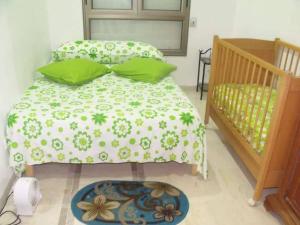 チュニスにあるAppartement meublé centre ville de Tunisのベッドルーム1室(緑と白の掛け布団付きのベッド1台付)