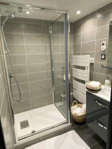 a bathroom with a shower with a glass door at Sweet Home 10min from DisneyLand Paris and 25min from Paris in Bussy-Saint-Georges
