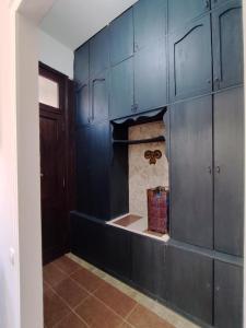 a room with blue cabinets and a shelf with a basket at 9 Doors in Tbilisi City