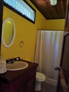 a bathroom with a sink and a toilet and a mirror at La Purruja Lodge in Golfito