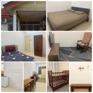un collage de cuatro fotos de un dormitorio y una cama en Homestay Rayyan PD, en Port Dickson