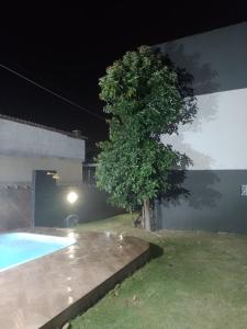 a tree in the yard of a house at night at LINDA CASA DE PRAIA EM PIRATININGA in Niterói