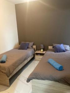 - 2 lits dans une chambre avec des oreillers bleus dans l'établissement Modern SeaFront 3bedrooms Apartment, à San Pawl il-Baħar