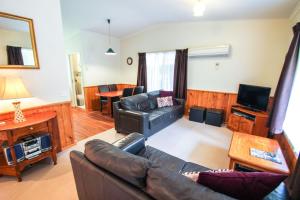 a living room with a leather couch and a television at Silver Birches Holiday Village - Unit 2 in Bright