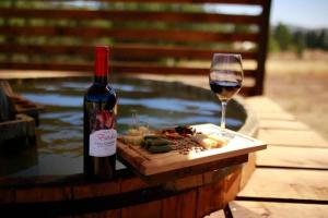 una botella de vino y un plato de comida y una copa en Domo en Viña Sanroke, en Río Claro