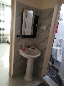 een badkamer met een wastafel en een spiegel bij Lizzy B Classic Apartments Mtwapa in Mombasa