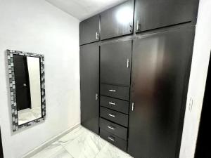 La salle de bains est pourvue de placards noirs et d'un miroir. dans l'établissement Cuarto C con cochera cerca del hospital general, à Ciudad Victoria