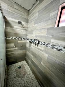 a bathroom with a shower with a stone floor at Cuarto C con cochera cerca del hospital general in Ciudad Victoria