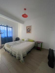 een slaapkamer met een bed en een rood plafond bij Cielos del valle in Salta