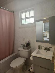 a bathroom with a toilet and a sink and a window at Beautiful House With Gazeebo Close to Beach in Ceiba
