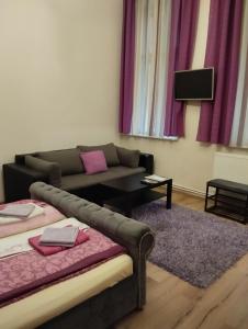 sala de estar con sofá y TV en Mandy Apartments, en Budapest