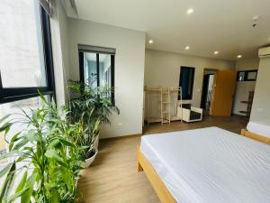- une chambre avec un lit et des plantes dans l'établissement The Light Hotel, à Hạ Long