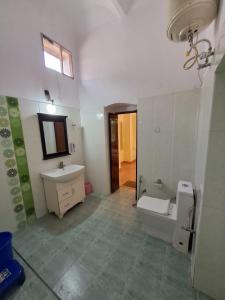 La salle de bains est pourvue d'un lavabo, de toilettes et d'un miroir. dans l'établissement Hotel Bhajgovindam, à Haridwar