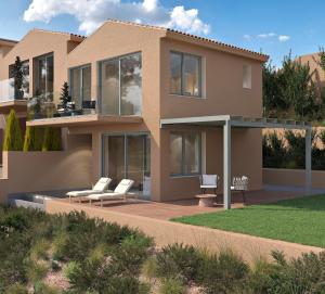 a rendering of a house with chairs in the yard at F Zeen Kefalonia in Lourdata