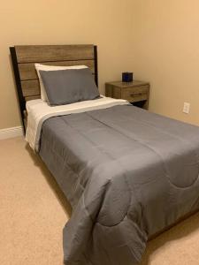 a bedroom with a bed with a gray blanket at Luxury, modern, homely 4 bedroom house, close to city center, hospitals and shopping centers in Alexandria