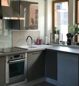 Il comprend une cuisine équipée d'un évier et d'une cuisinière. dans l'établissement Maison 6 chambres, à Beauvais