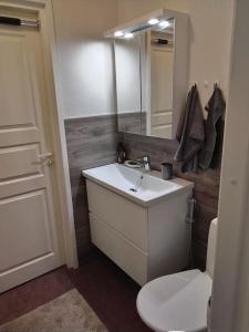 シーリンヤルビにあるTalo 140 m2のバスルーム(洗面台、トイレ、鏡付)