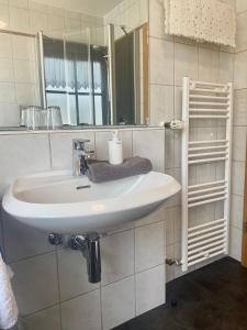 een badkamer met een witte wastafel en een spiegel bij Gästehaus Frankenwaldhof in Bad Steben