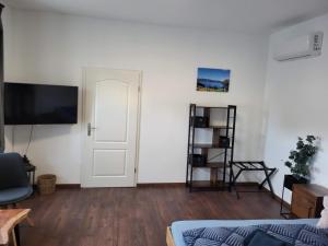 a living room with a flat screen tv and a door at Einzelwohnung im EG mit Terrasse und AC in Osterburg +5 photos