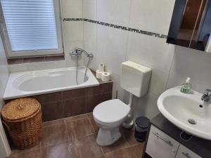 a bathroom with a toilet and a tub and a sink at Einzelwohnung im EG mit Terrasse und AC in Osterburg Siedlung