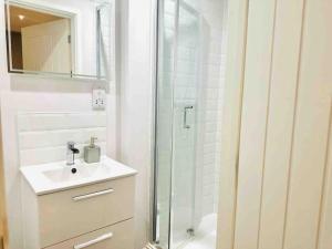 a bathroom with a sink and a glass shower at Coastal Charm Comfort Home in Margate in Margate