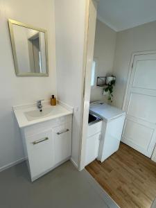 La salle de bains blanche est pourvue d'un lavabo et d'un miroir. dans l'établissement Urban Kingsland Studio, à Auckland