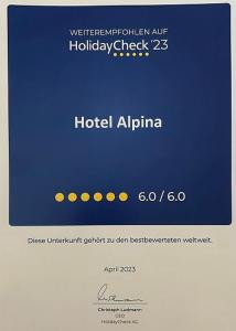 Certifikát, hodnocení, plakát nebo jiný dokument vystavený v ubytování Hotel Alpina