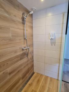 een douche in een badkamer met een houten muur bij B&B de Koepeltjes in Zoetermeer