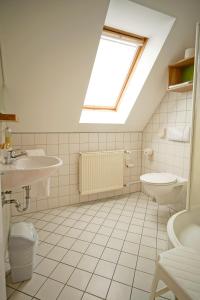 bagno con lavandino, servizi igienici e lucernario. di Hotel Lindenhof a Bielefeld