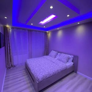 ein Schlafzimmer mit einem Bett mit einer violetten Decke in der Unterkunft Les Cèdres in Morbier