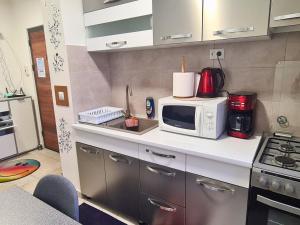 a kitchen with a microwave on a counter at Cozy Apartment- zona centrala in Bacău
