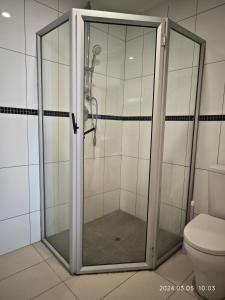 a glass shower in a bathroom with a toilet at 1 Pacific FairPrice in Nadi