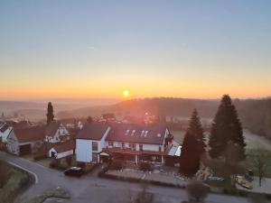 a house in a suburb with the sunset in the background at Waldhotel am Turm 