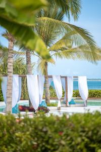 a row of white curtains on a beach with palm trees at Ycona Eco-Luxury Resort, Zanzibar in Dikoni