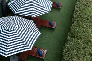 une vue de tête sur les chaises et les parasols sur une pelouse dans l'établissement VIC 3 Bangkok Hotel, à Bangkok