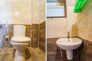 twee foto's van een badkamer met toilet en wastafel bij FabExpress Vangal Nest in Pīlamedu