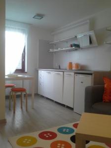 Una sala de estar con cocina y una mesa. en JANA apartments 2, en Bratislava