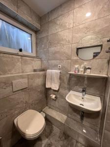 La salle de bains est pourvue de toilettes et d'un lavabo. dans l'établissement Hotel Dietrichsdorfer Hof, à Kiel