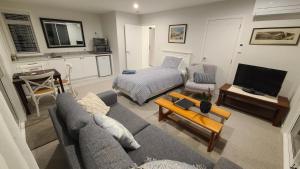 a living room with a couch and a bed at Stylish Matua Apartment in Tauranga +10 photos